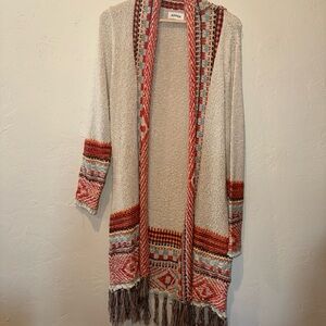 ADORA Cream and Red Cardigan with Geometric Pattern and Fringe